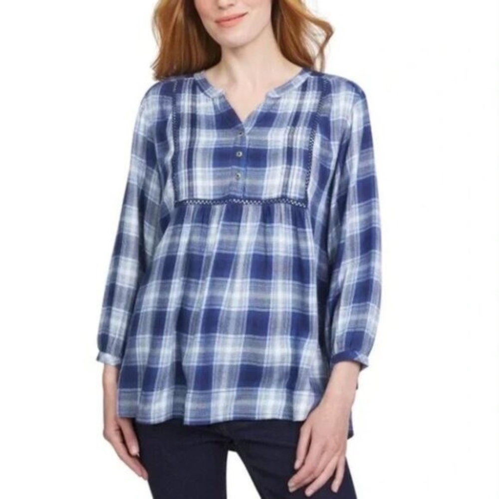 Wrangler Plaid Blue & WHITE Tunic Top Relaxed Fit SZ XL